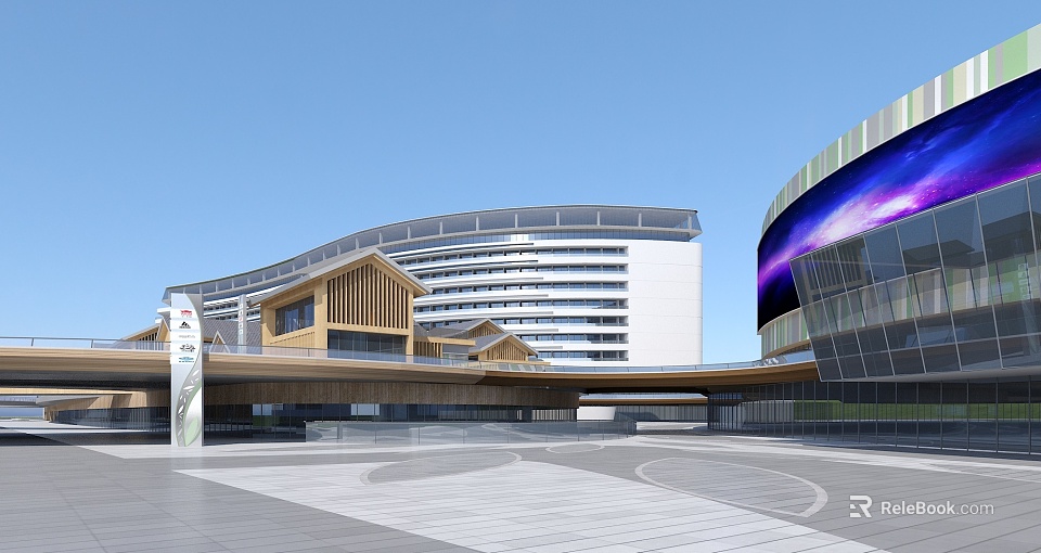 Modern Commercial Street With Curved Buildings Wooden Structures And Open Plaza Area 3d model 