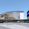 Modern Commercial Street With Curved Buildings Wooden Structures And Open Plaza Area