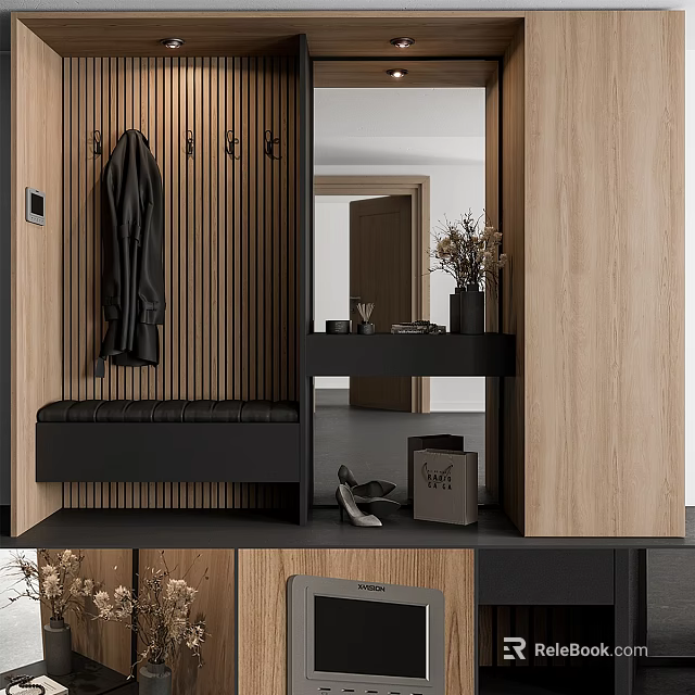 Entryway Console And Side Cabinet With Coat Hooks Black Bench Mirror And Vase 3d model 