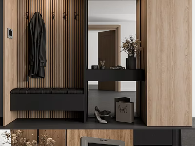 Entryway Console And Side Cabinet With Coat Hooks Black Bench Mirror And Vase 3d model