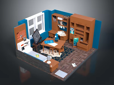 Study Room Interior Design With Wooden Desk Bookshelf Blackboard And Window 3d model