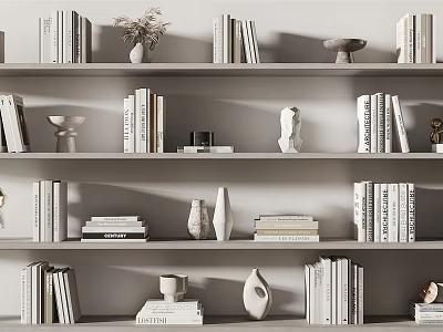Stylish Decorative Ornament Combinations on Bookshelves with Stacked Books and Small Sculptures 3d model