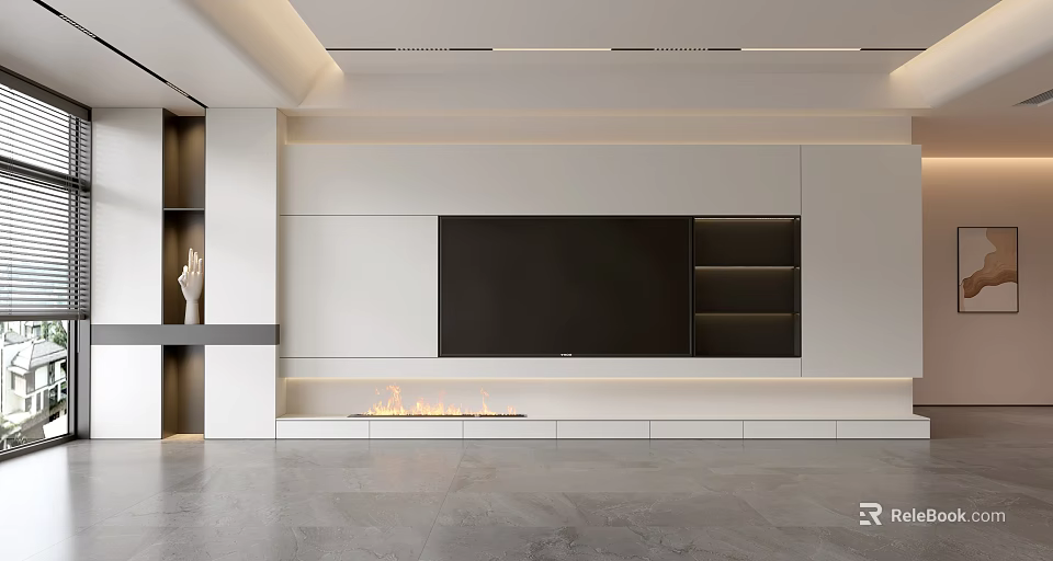 Modern TV Wall Interior Design With White Panel Dark Shelves And Fireplace 3d model