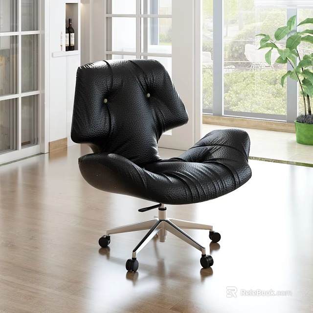 Modern Black Leather Office Chair With Wheeled Metal Base And Comfortable Design 3d model 