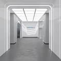 Curved Blue Illuminated Reception Desk In Modern Interior With White And Blue Shelves Green Plants