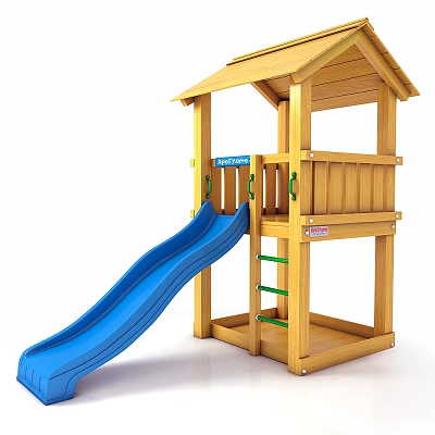 Wooden Outdoor Garden Kids Play Structure With Blue Slide And Steps 3d model