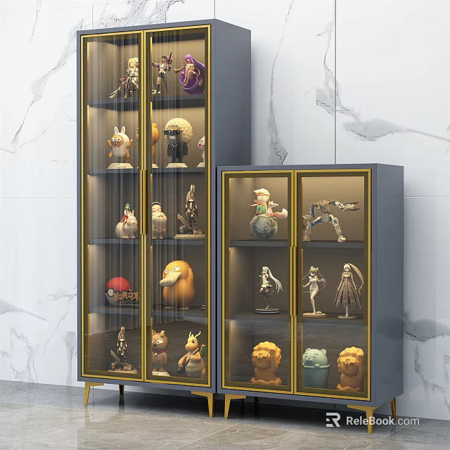 Modern Display Shelves With Grey Gold Borders For Collectible Figurines Interior 3d model 