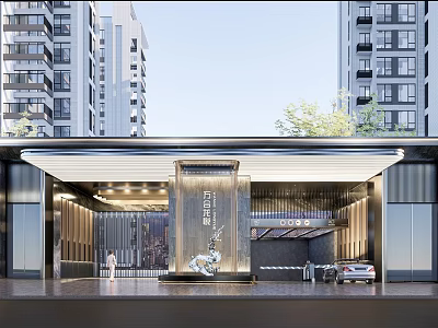 Modern Residential Entrance Gate Design With Canopy Lighting And High Rise Buildings 3d model