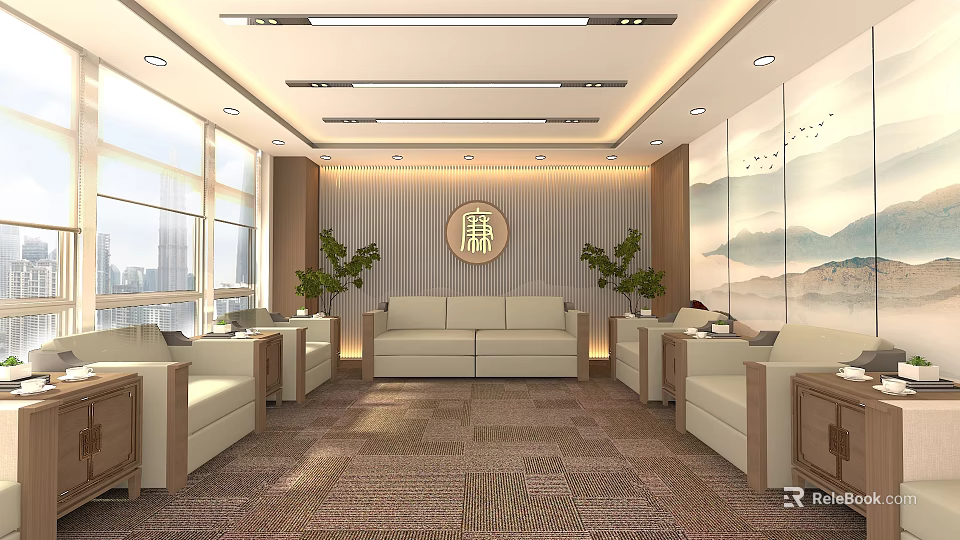 Elegant Hotel Public Lounge Area With Beige Sofas Green Plants And Decorative Wall Art 3d model 