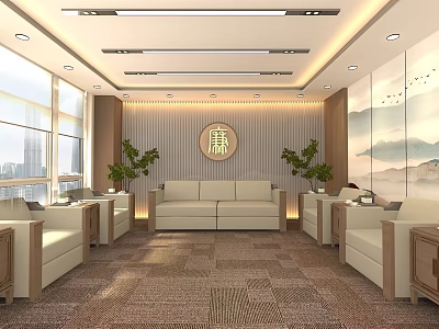 Elegant Hotel Public Lounge Area With Beige Sofas Green Plants And Decorative Wall Art 3d model
