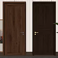 Modern Wooden Hinged Doors Different Brown Tones With Green Plant Decorative Painting And Striped Wall