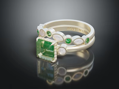 Elegant Silver Fashion Ring with Green Square Gemstone and White Accent Stones Design 3d model