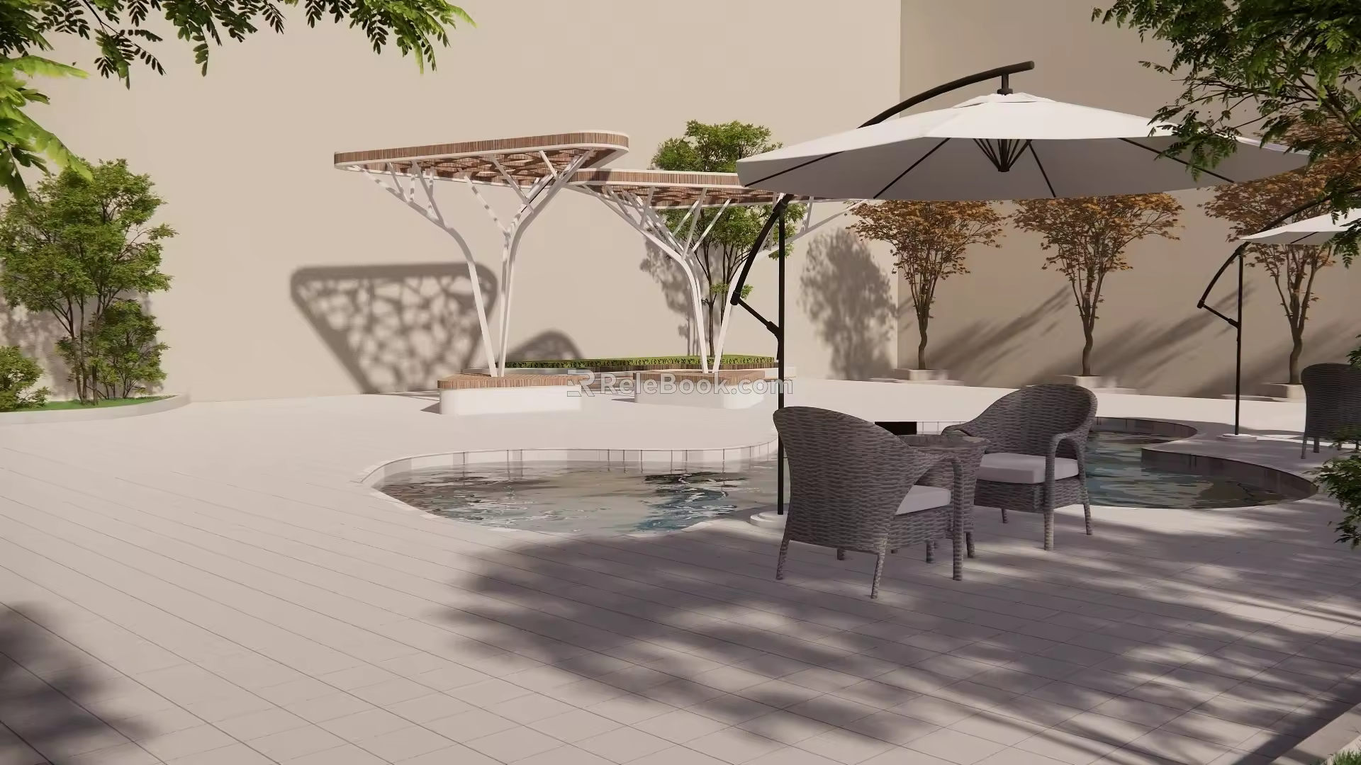 Courtyard Landscape Parasol Seat Tree Pool 3d model