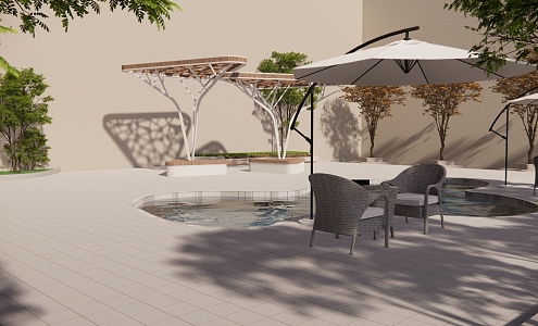 Courtyard Landscape Parasol Seat Tree Pool 3d model