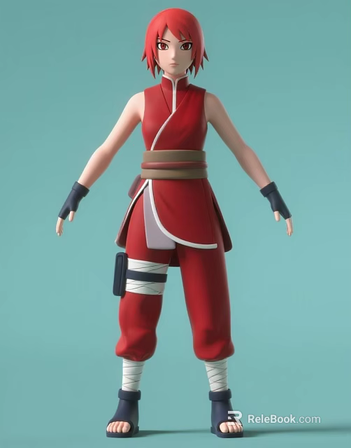 Woman In Red Sleeveless Ninja Style Outfit With Strapped Pants And Black Gloves 3d model 