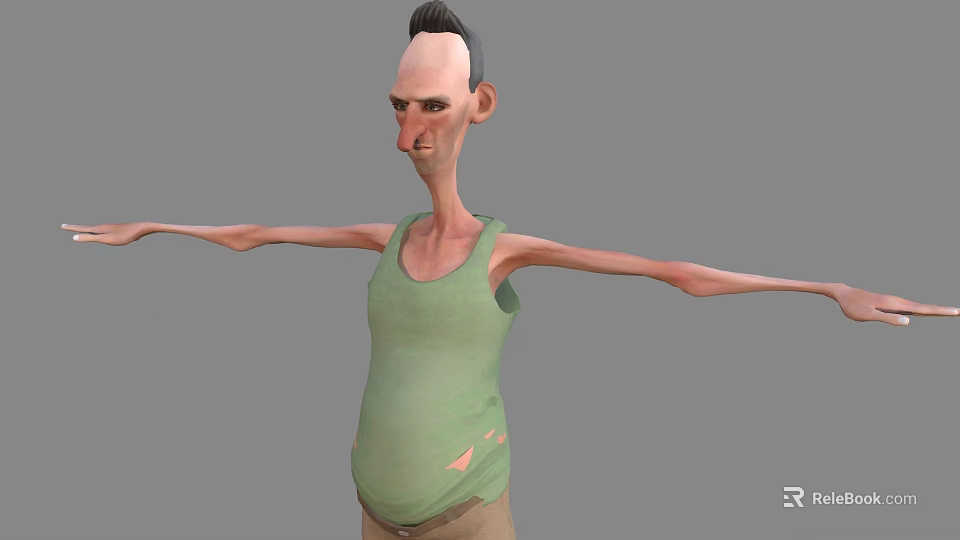 Lanky 3D Male Character With Torn Green Tank Top Brown Pants Mohawk Hairstyle Arms Outstretched 3d model 