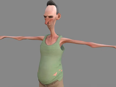 Lanky 3D Male Character With Torn Green Tank Top Brown Pants Mohawk Hairstyle Arms Outstretched 3d model
