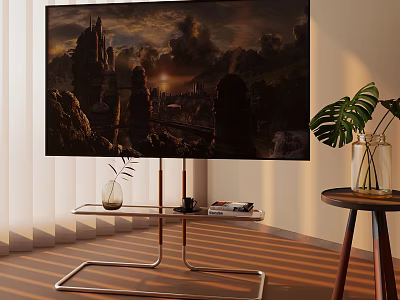 Modern Television Displaying Sunset Landscape With Castle Mountains In Bright Living Room 3d model
