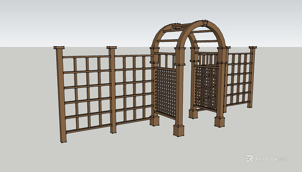 Wooden Garden Fence With Arched Gate And Lattice Panel Design 3d model 