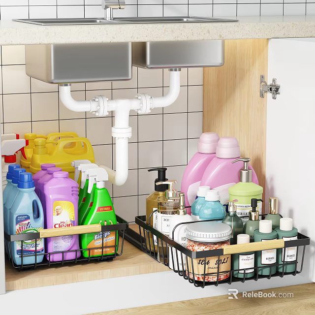 Kitchen Under Sink Storage Shelf Organizing Cleaning Supplies Bottles And Detergents 3d model 