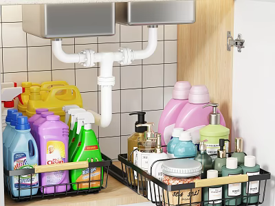 Kitchen Under Sink Storage Shelf Organizing Cleaning Supplies Bottles And Detergents 3d model