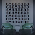 Sofa Background Wall With Neatly Arranged Square Decorations Green Transparent Chairs And Small White Table