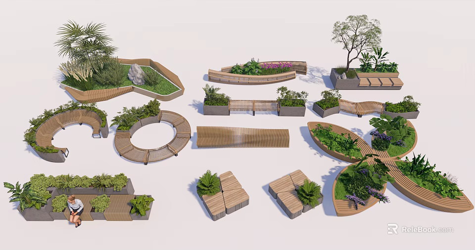 Creative Landscape Seating Designs With Wooden Frames And Lush Greenery 3d model 