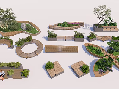 Creative Landscape Seating Designs With Wooden Frames And Lush Greenery 3d model