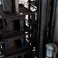 Industrial Equipment with Multiple Metal Pipes and Tall Tower Structures in Industrial Setup