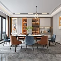 Modern Restaurant Interior With Dining Table Blue Brown Chairs Large Windows Gray Rug And Chandelier