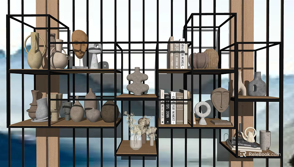 Multi tiered Black Metal Shelf Decorative Ornaments Set With Ceramic Figures Books And Vases 3d model 
