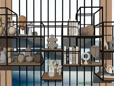 Multi tiered Black Metal Shelf Decorative Ornaments Set With Ceramic Figures Books And Vases 3d model
