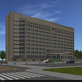 Modern Office Building Exterior With Light-colored Facade Glass Windows Green Landscaping And Plaza