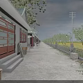Rural Road Facilities Featuring Traditional Houses Red Doors Blue Window Lattices Trees And Utility Poles