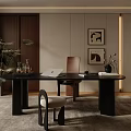 Modern Study Room Interior Design With Dark Wooden Desk Chair Laptop And Decorative Paintings