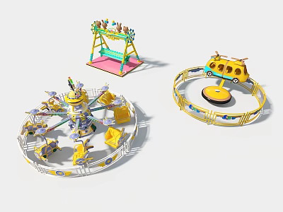 Colorful Children's Play Area With Carousel Swings Track Ride And Animal Shaped Seats 3d model