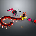Colorful Insects Red Centipede Black Spider Yellow Bee And Ladybug On Gray Surface 3d model