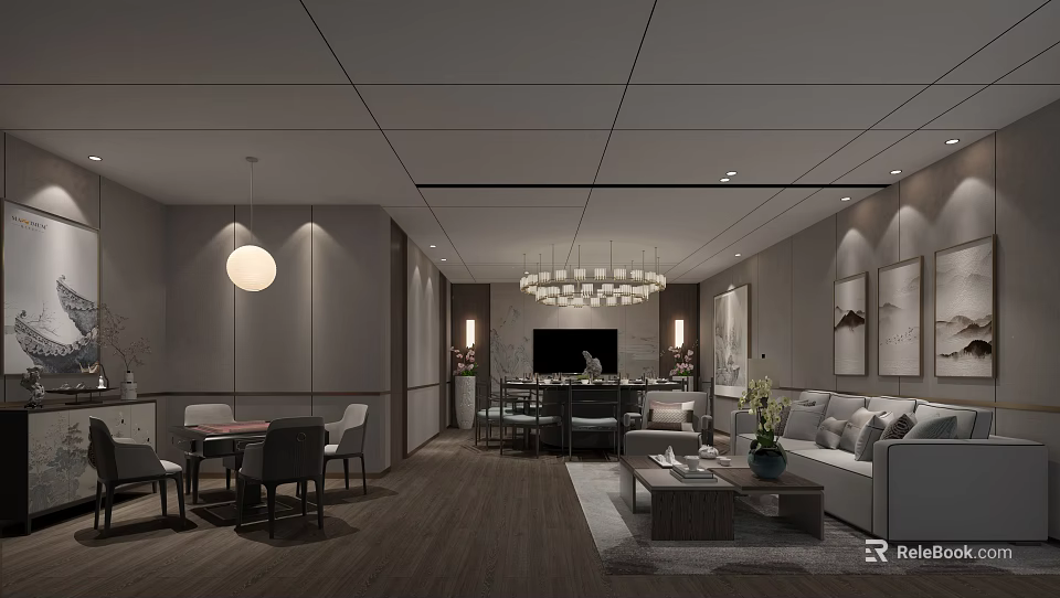 Private Room Modern Interior Design With Sofa Coffee Table Dining Table And Chandelier 3d model