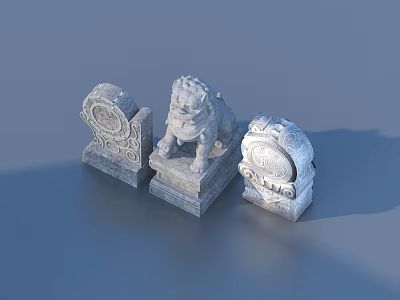 Traditional Chinese Stone Sculptures With Carved Lion And Decorative Drums 3d model