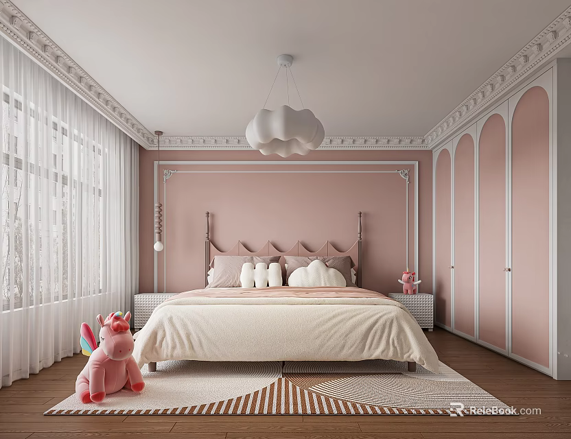 Kids Room Interior With Pink Walls Cloud Chandelier White Curtains Bed And Arched Wardrobe Doors 3d model 