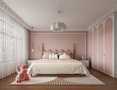 Kids Room Interior With Pink Walls Cloud Chandelier White Curtains Bed And Arched Wardrobe Doors 3d model