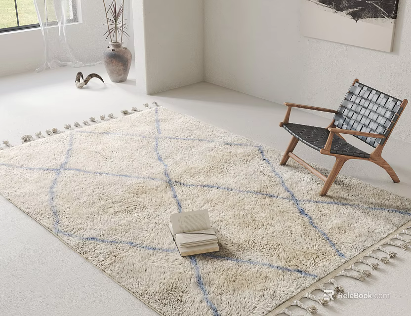 Square Beige Rug With Blue Geometric Lines And Tassels In Living Room With Wooden Chair 3d model 