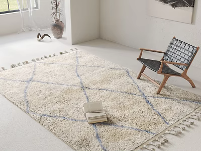 Square Beige Rug With Blue Geometric Lines And Tassels In Living Room With Wooden Chair 3d model