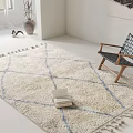 Square Beige Rug With Blue Geometric Lines And Tassels In Living Room With Wooden Chair