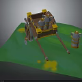 Cart With Barrels On Green Surface Featuring Yellow Trim And Silver Containers