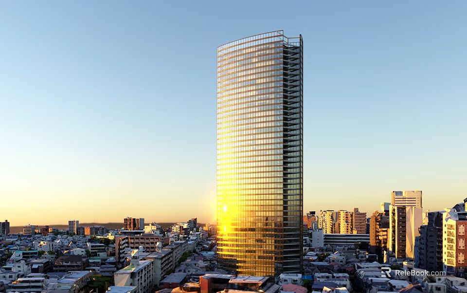 Aerial Planning of Tall Glass Curtain Wall Skyscraper with Sunset and Urban Buildings 3d model 