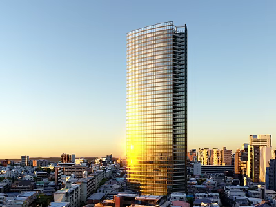 Aerial Planning of Tall Glass Curtain Wall Skyscraper with Sunset and Urban Buildings 3d model