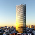 Aerial Planning of Tall Glass Curtain Wall Skyscraper with Sunset and Urban Buildings