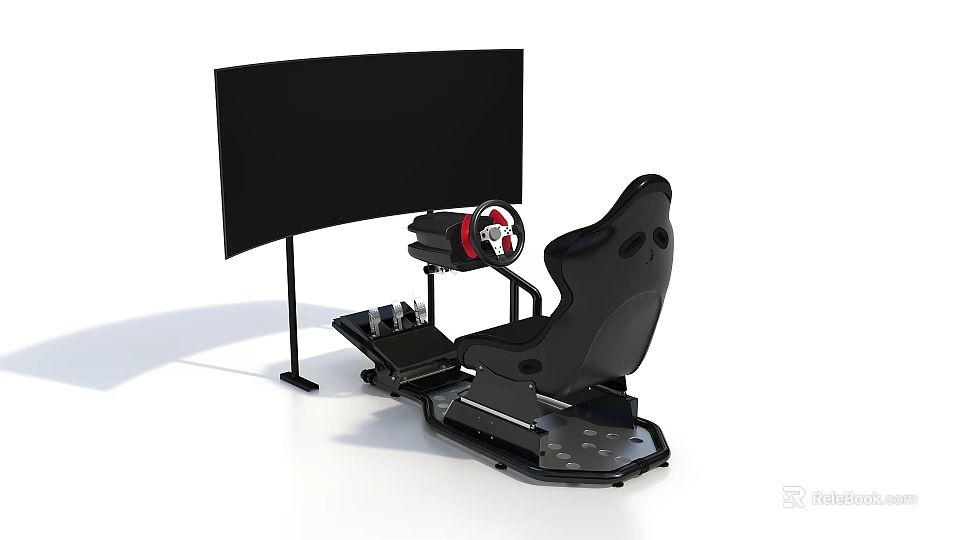 Professional Sim Racing Equipment Setup With Curved Monitor Racing Wheel Black Seat And Pedals 3d model 