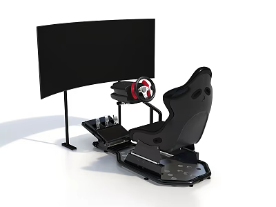 Professional Sim Racing Equipment Setup With Curved Monitor Racing Wheel Black Seat And Pedals 3d model